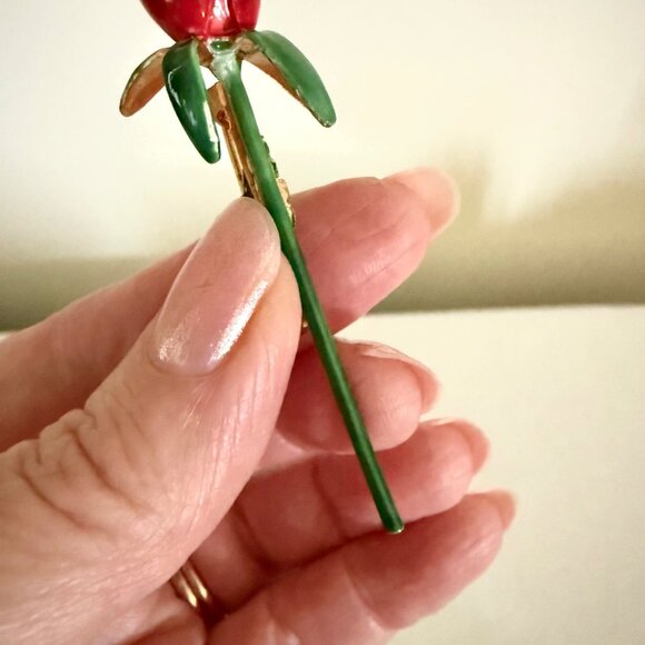 Vintage Sandor Co Red Enamel Rose Brooch Gold Tone Pin 3 Inch Floral Jewelry - Picture 11 of 11